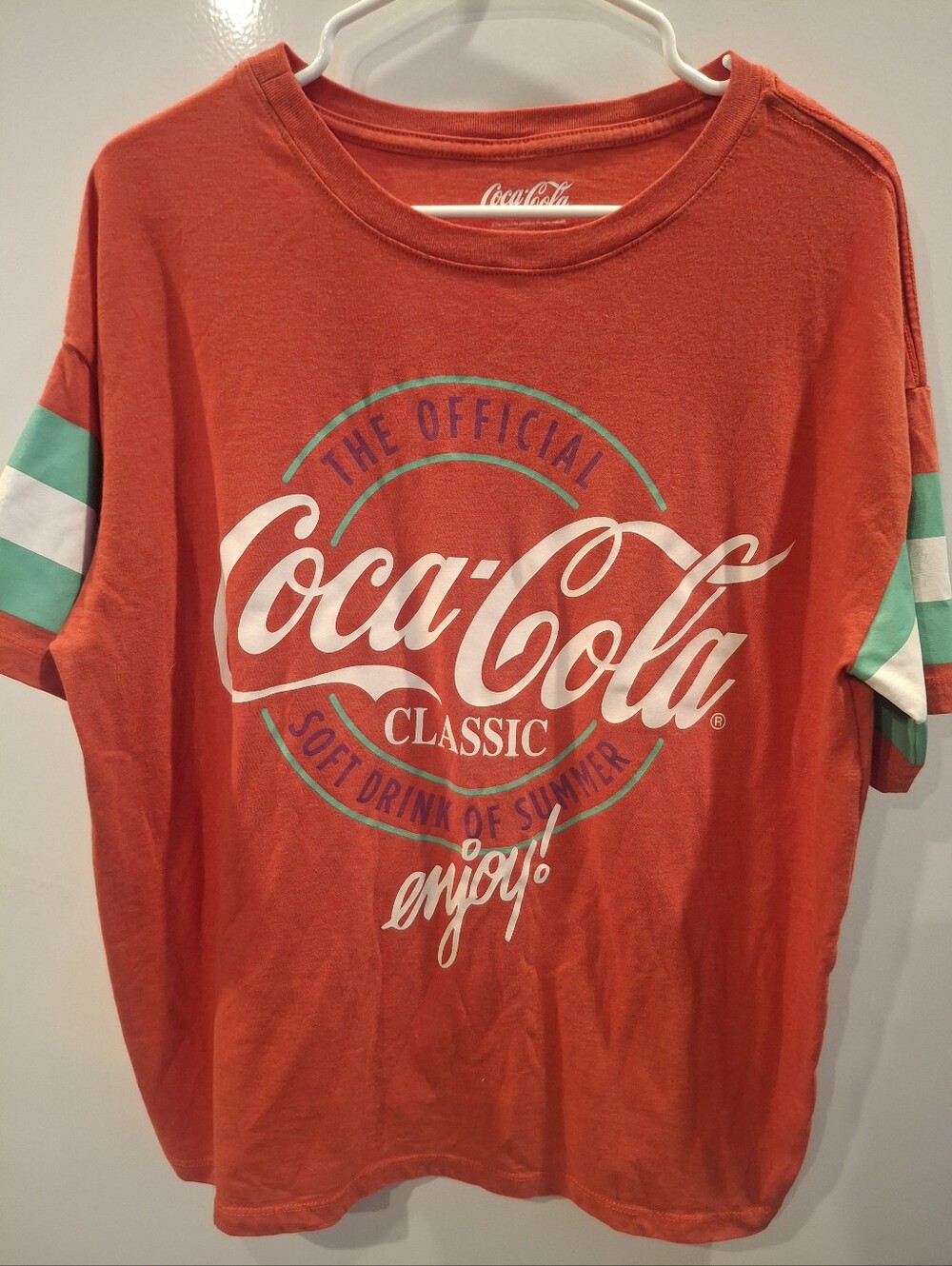 Coca Cola Red Tee with White Logo and Mint Sleeve Stripes